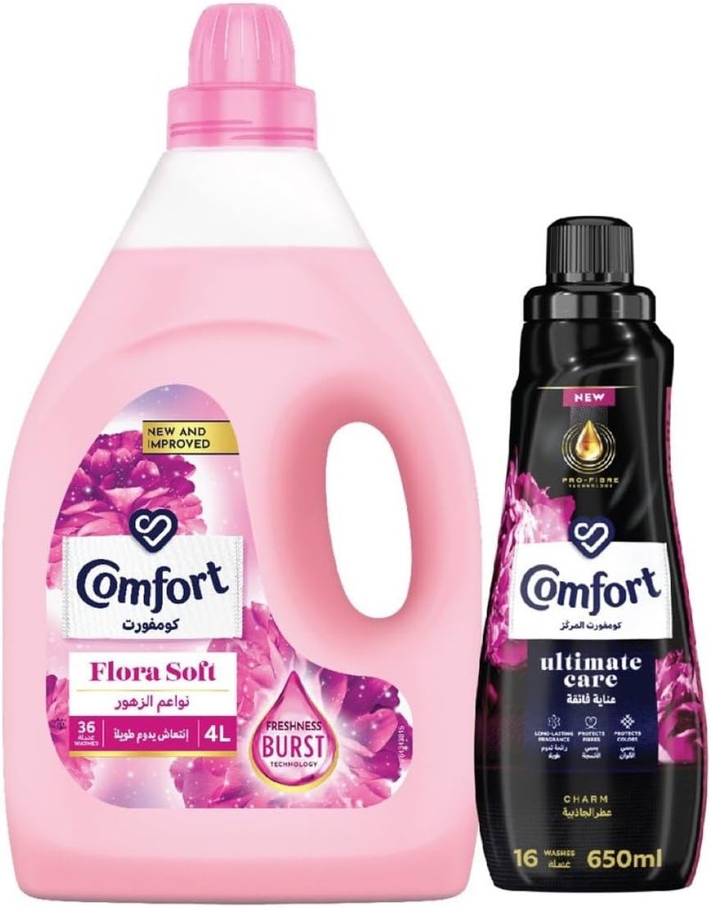 COMFORT Fabric Softener, Flora Soft, with freshness-burst technology for longer lasting fragrance & soft clothes, 4L + 650ml - Image 1